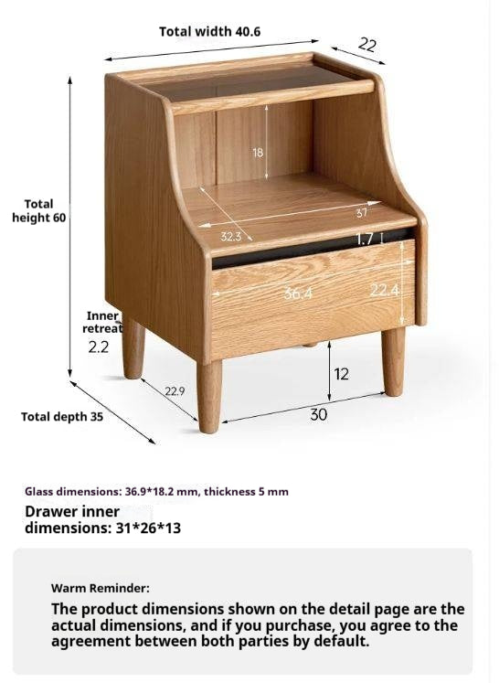 Oak Solid Wood, Solid RubberWood Nightstand with Glass Door with Storage