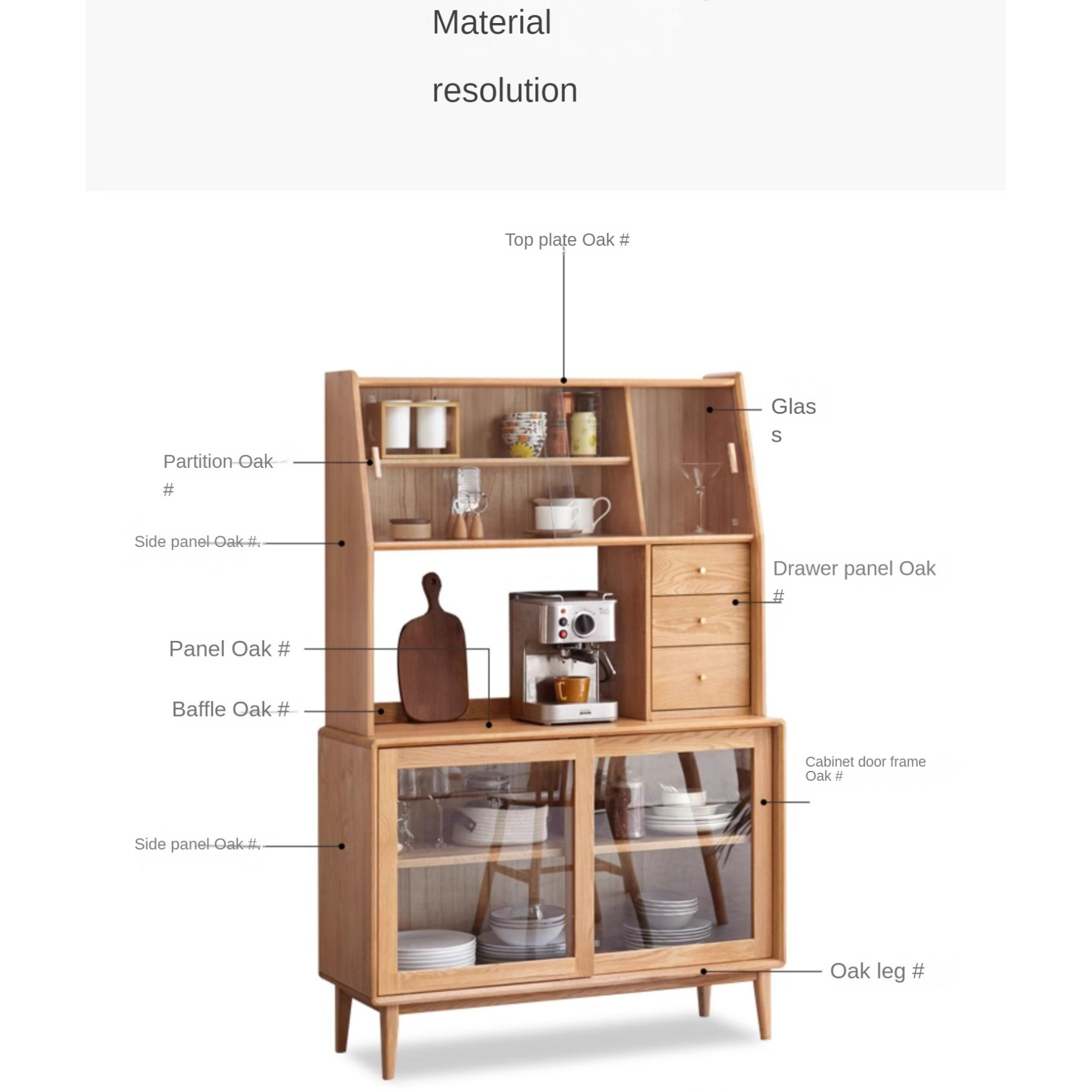 Oak solid wood Nordic sideboard integrated against the wall,