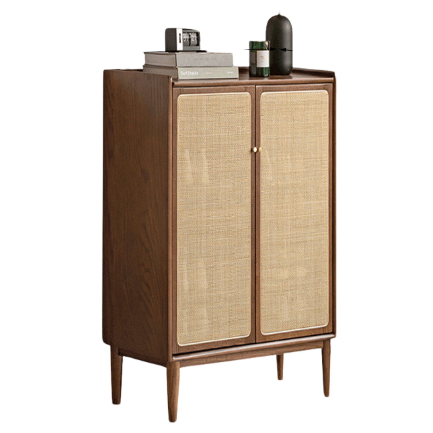 Black Walnut, Oak Solid Wood Rattan Shoe Cabinet. Entry Entrance Cabinet: