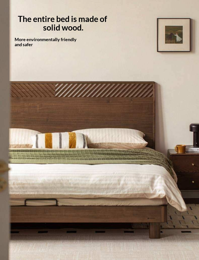 Black Walnut Solid Wood Platform Bed with Grooved Panel Headboard Accent