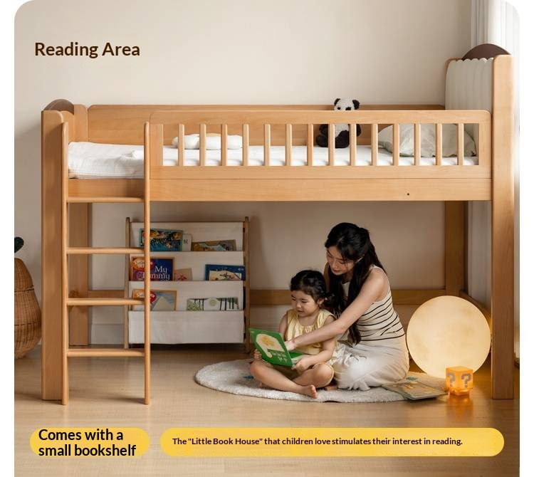 Beech Solid Wood Children's Soft Backrest Storage Loft Bed with Night Light