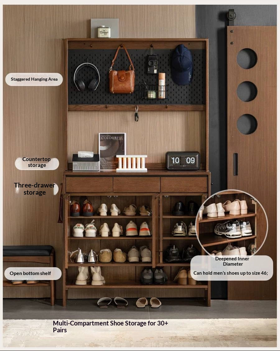 Oak Solid Wood Large Entryway Shoe Cabinet with Pegboard Hutch and Drawers, Walnut Finish