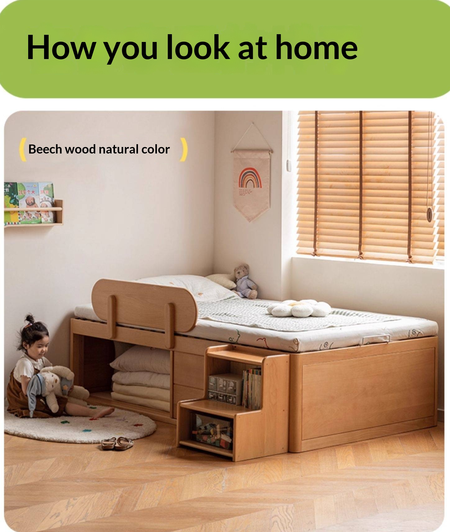 Beech, Rubberwood Solid Wood Kids’ Bed with Guardrail, Platform Bed, Headboard-Free Bed