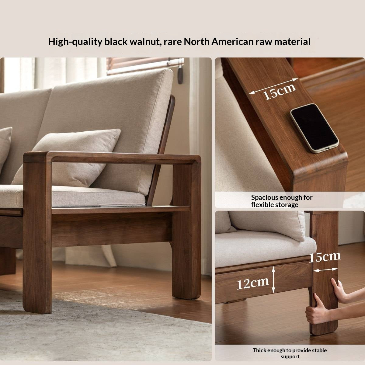 Black Walnut, Sandalwood Solid Wood Fabric Sofa with Raised Legs, Winter/Summer Use