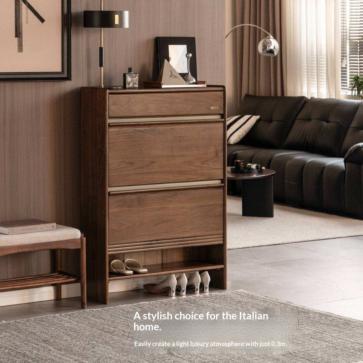 Black Walnut Solid Wood Flip Door Shoe Cabinet, Italian Style Entryway Storage Organizer