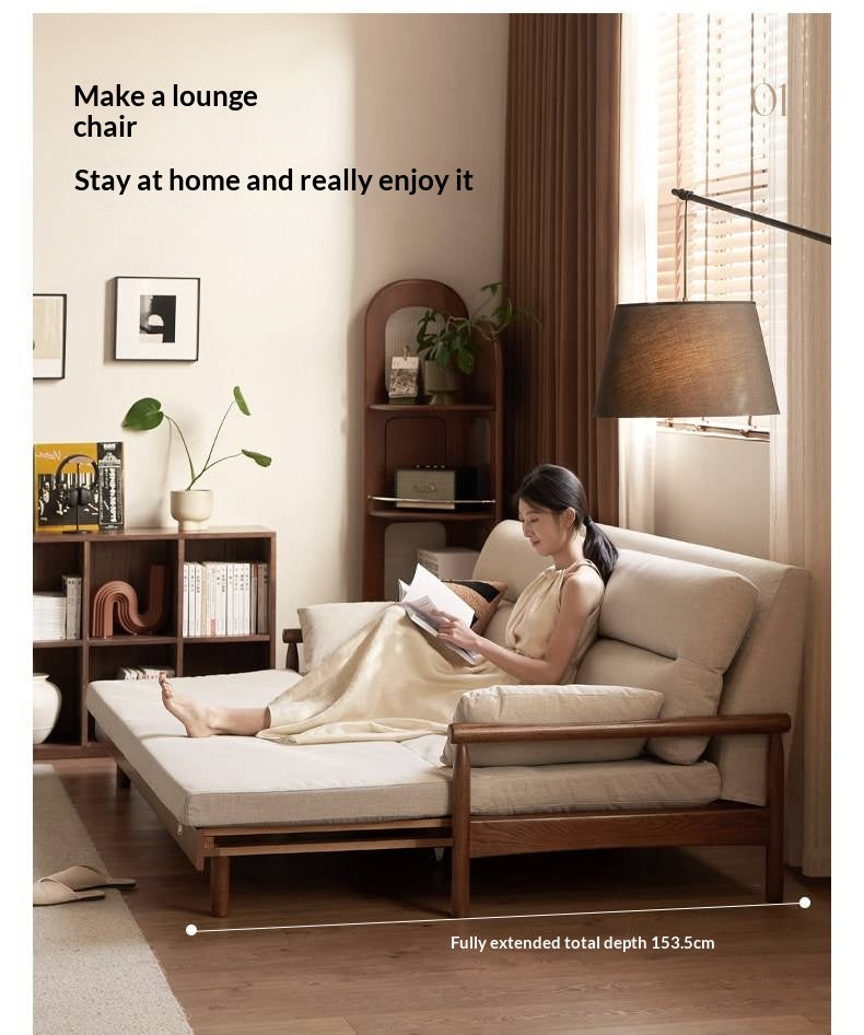 Oak Solid Wood Wood Frame Sleeper Sofa with Reclining Backrest