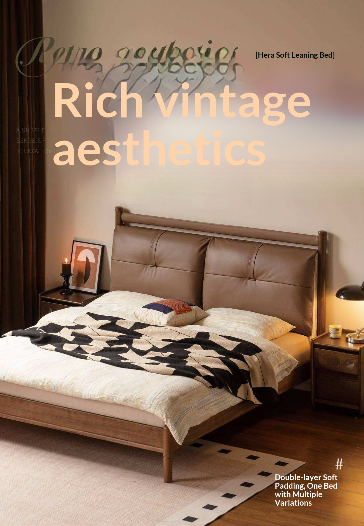 Black Walnut Solid Wood Bed with Plush Genuine Leather Cushioned Headboard