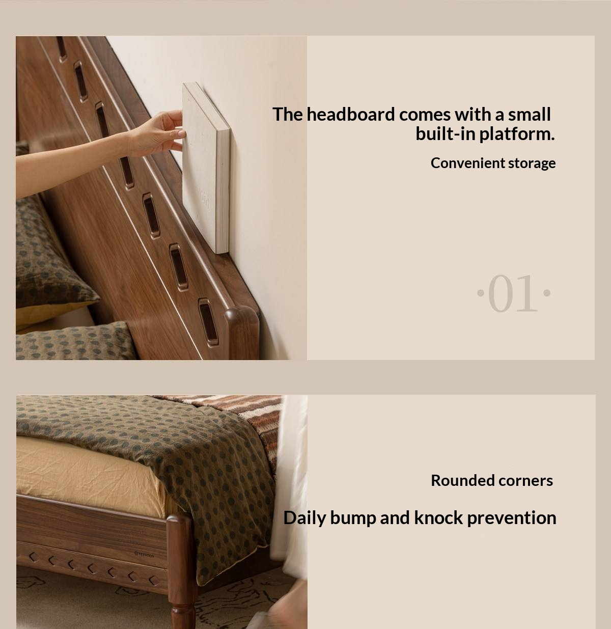Black Walnut Solid Wood Mid-Century Classic Bed with Cherry Accent Headboard