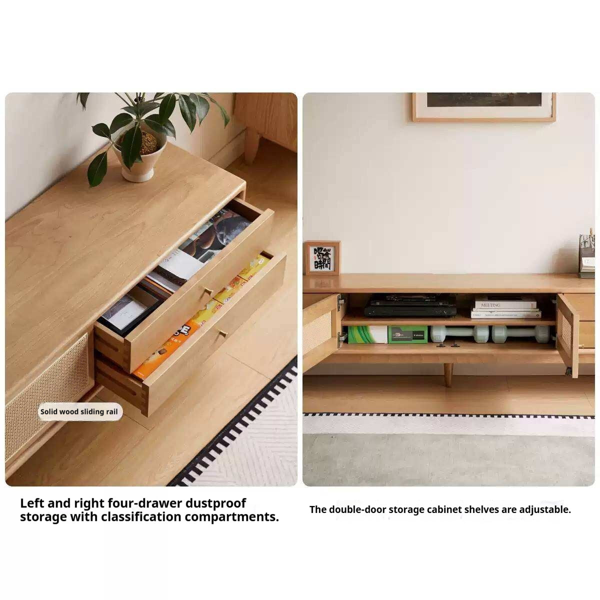 Birch Solid Wood TV Cabinet with Rattan Sliding Doors and Minimalist Storage