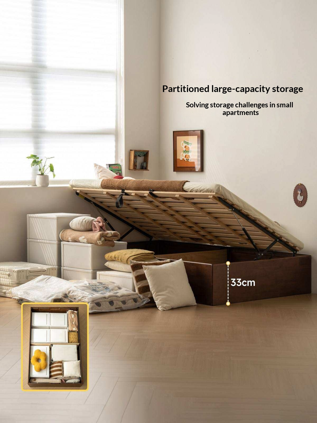 Rubberwood Solid Wood Storage Bed with No Headboard and Side-Opening Lid