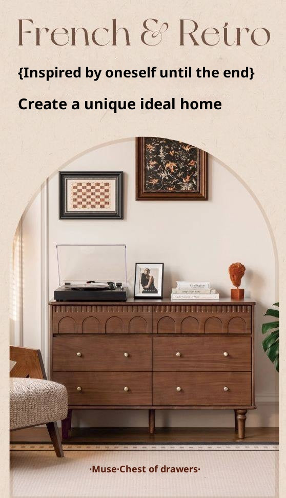 Black Walnut, Poplar, Solid Rubberwood French Retro Chest of Drawers