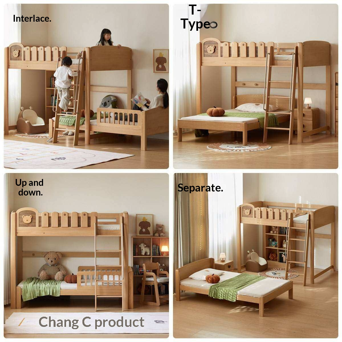 Beech Solid Wood L-Shaped Bunk Bed with Bookshelf Headboard and Detachable Guardrail