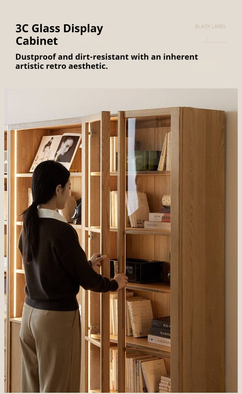 White Oak Solid Wood Bookcase and Display Cabinet with Glass Doors and Built-In Lights