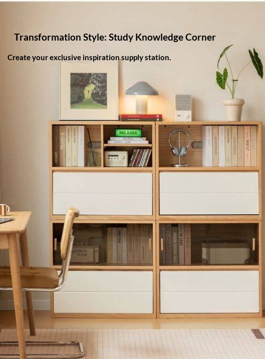 Oak Solid Wood Modular TV Cabinet System with Two-Tone Sliding Doors