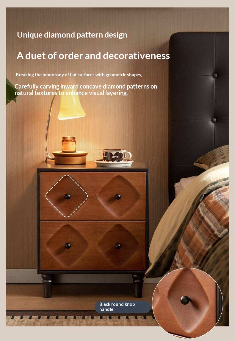 Solid RubberWood Nightstand Mid Century Two-Drawer Storage Cabinet