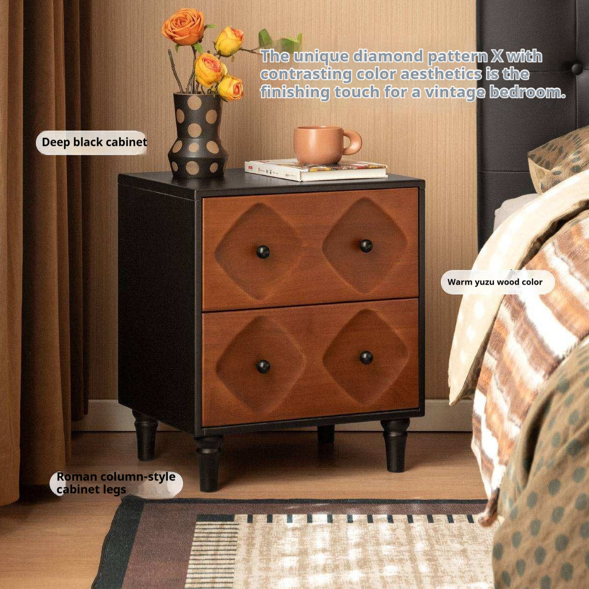 Solid RubberWood Nightstand Mid Century Two-Drawer Storage Cabinet