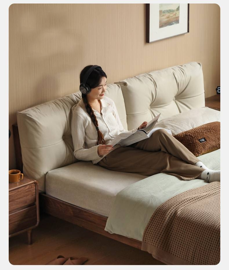 Black Walnut Solid Wood Bed with Top Genuine Leather Upholstery and Nordic High Headboard