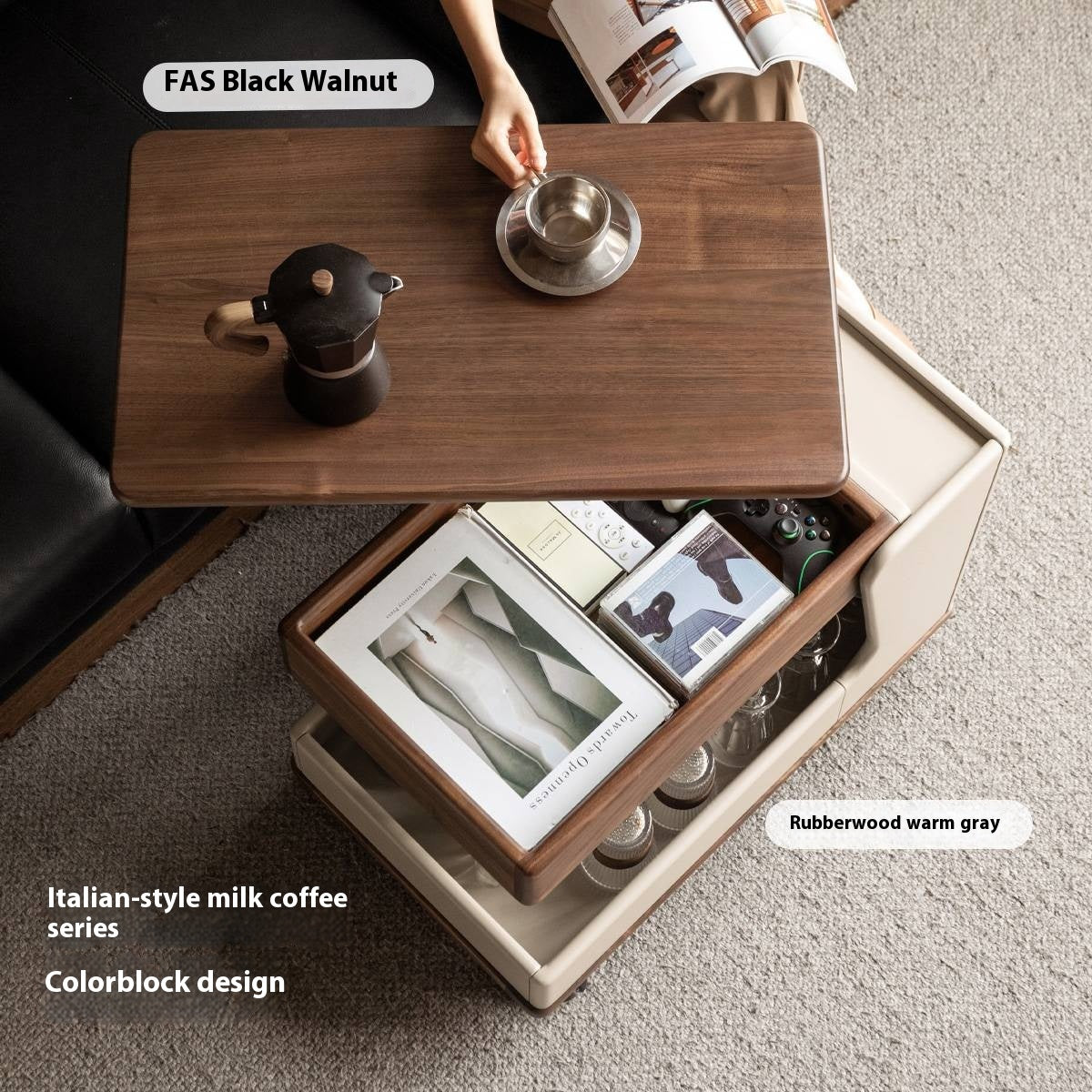 Black Walnut Solid Wood Liftable Rotating Mobile Side Table