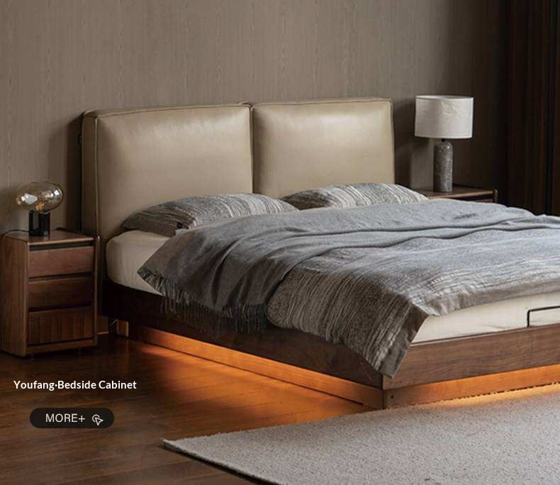 Black Walnut Solid Wood Box Bed — Italian Light Luxury, Genuine Leather Upholstered Headboard