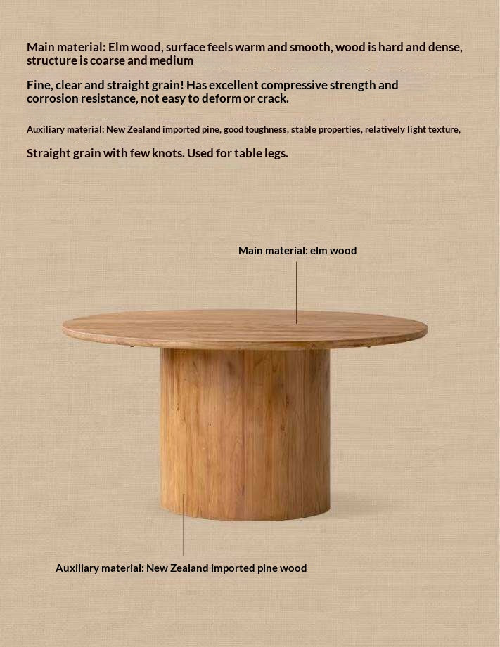 Elm Solid Wood Round Dining Table with Modern Minimalist Design