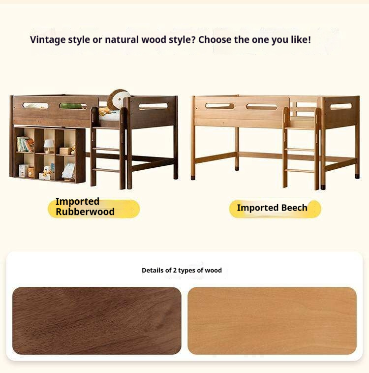 Rubberwood Solid Wood Mid-Height Kids Loft Bed with Staircase and Bookshelf Storage