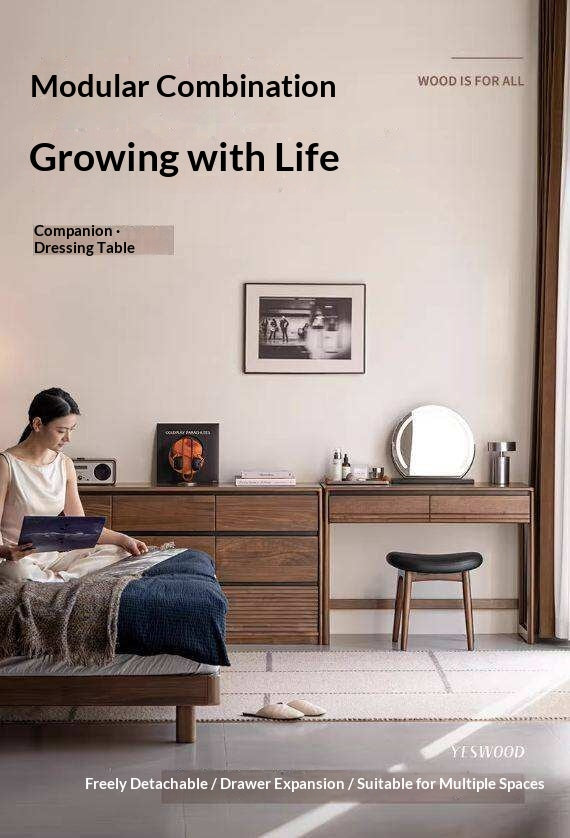 Black Walnut Solid Wood Vanity Desk and Dresser Combo, Italian Style