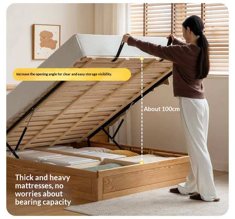 Oak, Rubberwood Solid Wood Storage Bed with Adjustable Height and Gas Lift