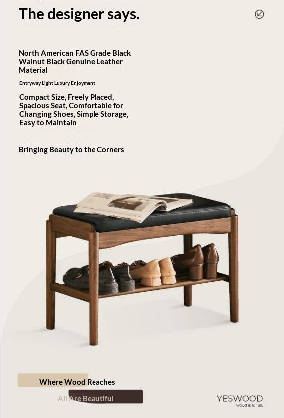 Black Walnut, Sandalwood Solid Wood Genuine leather, Fabrics Shoe Changing Stool