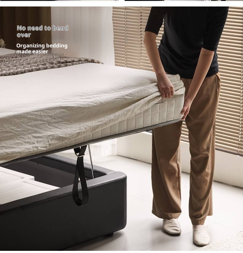 Genuine Leather Black Light Luxury Box Bed