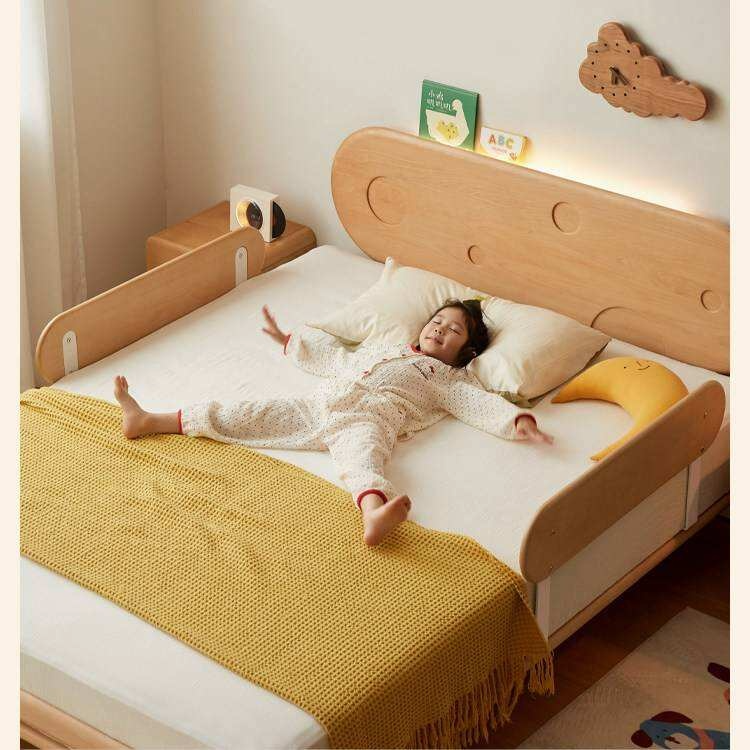 Beech Solid Wood Kids Floating Bed with Night Light and Optional Guardrails