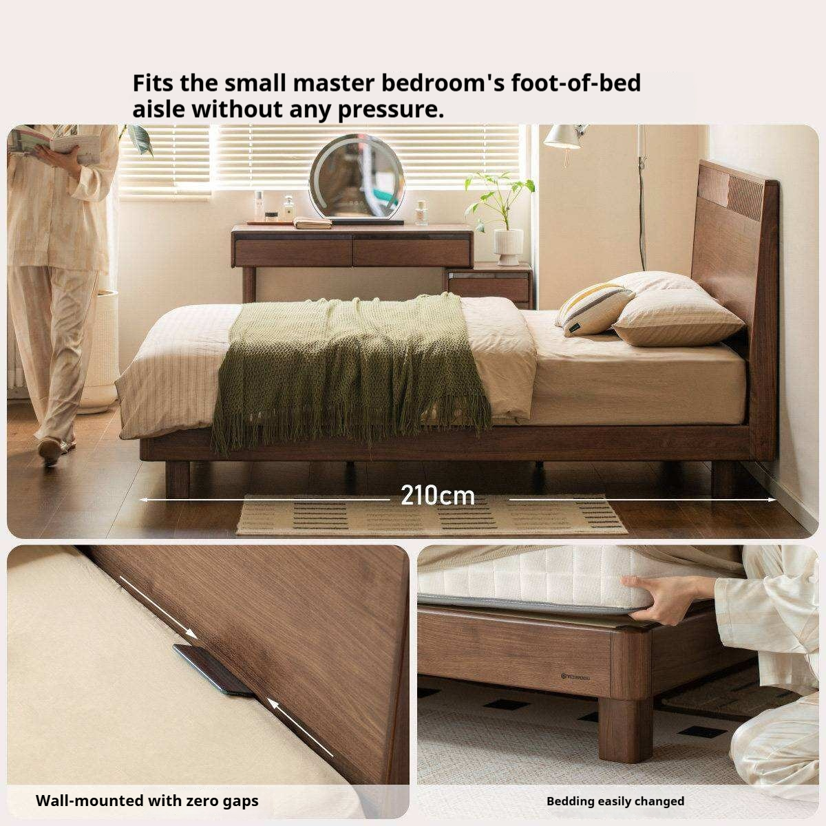 Black Walnut Solid Wood Platform Bed with Grooved Panel Headboard Accent
