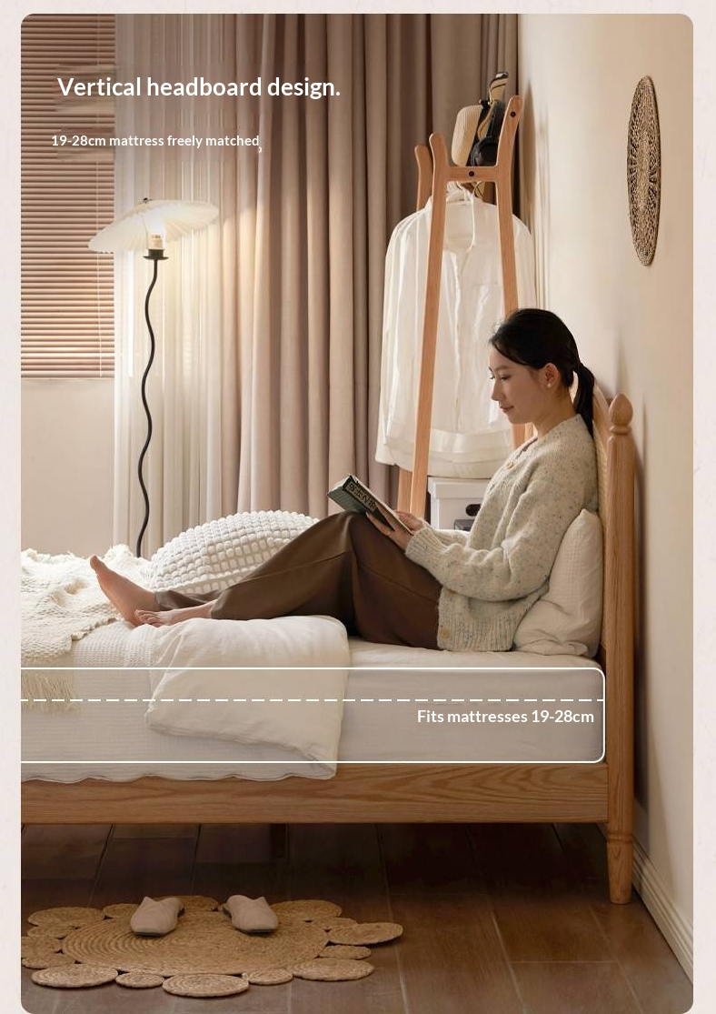 Oak Solid Wood Bed — Light Retro Style with Rattan Design