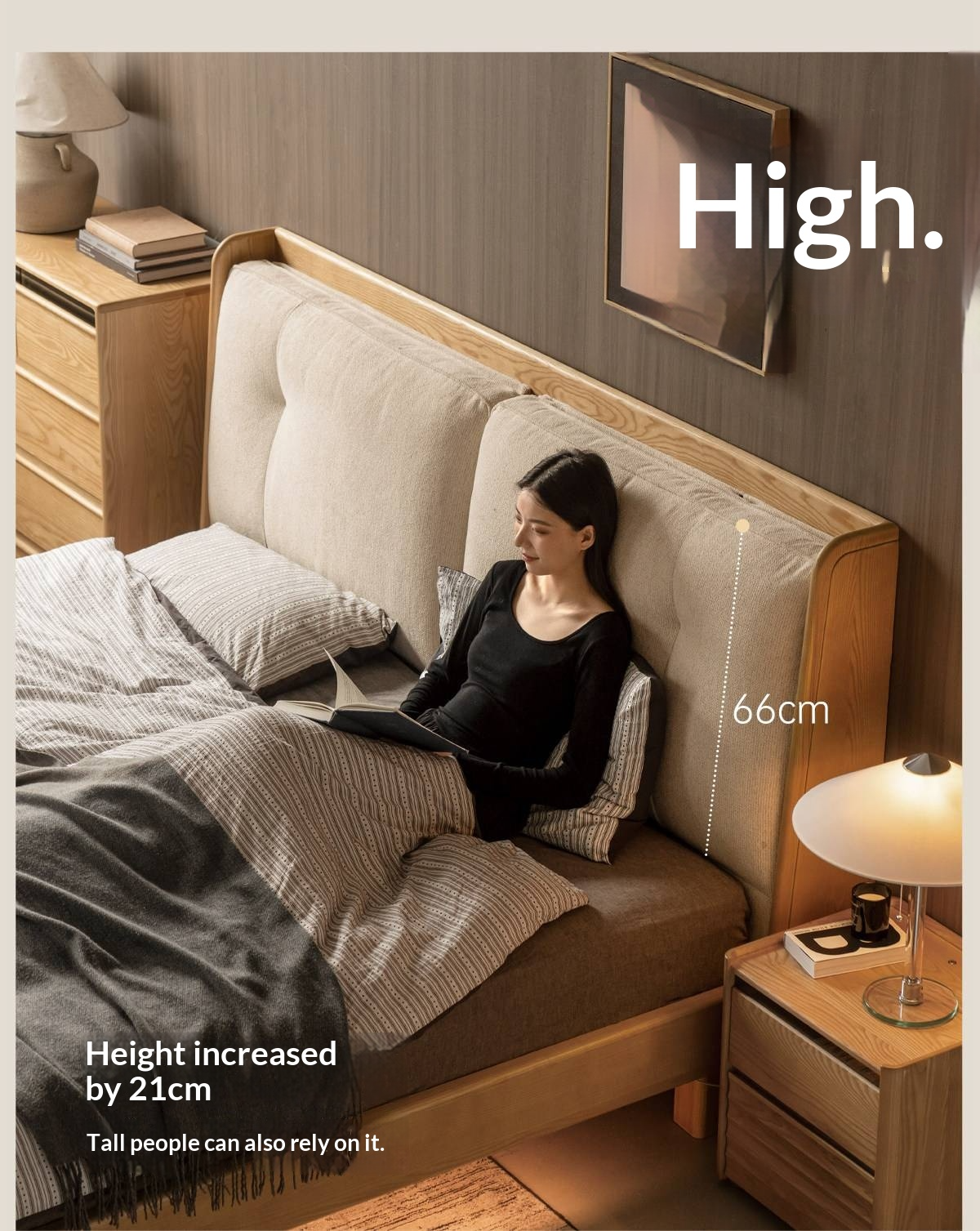 Ash Solid Wood Upholstered Floating Platform Bed with LED Lights