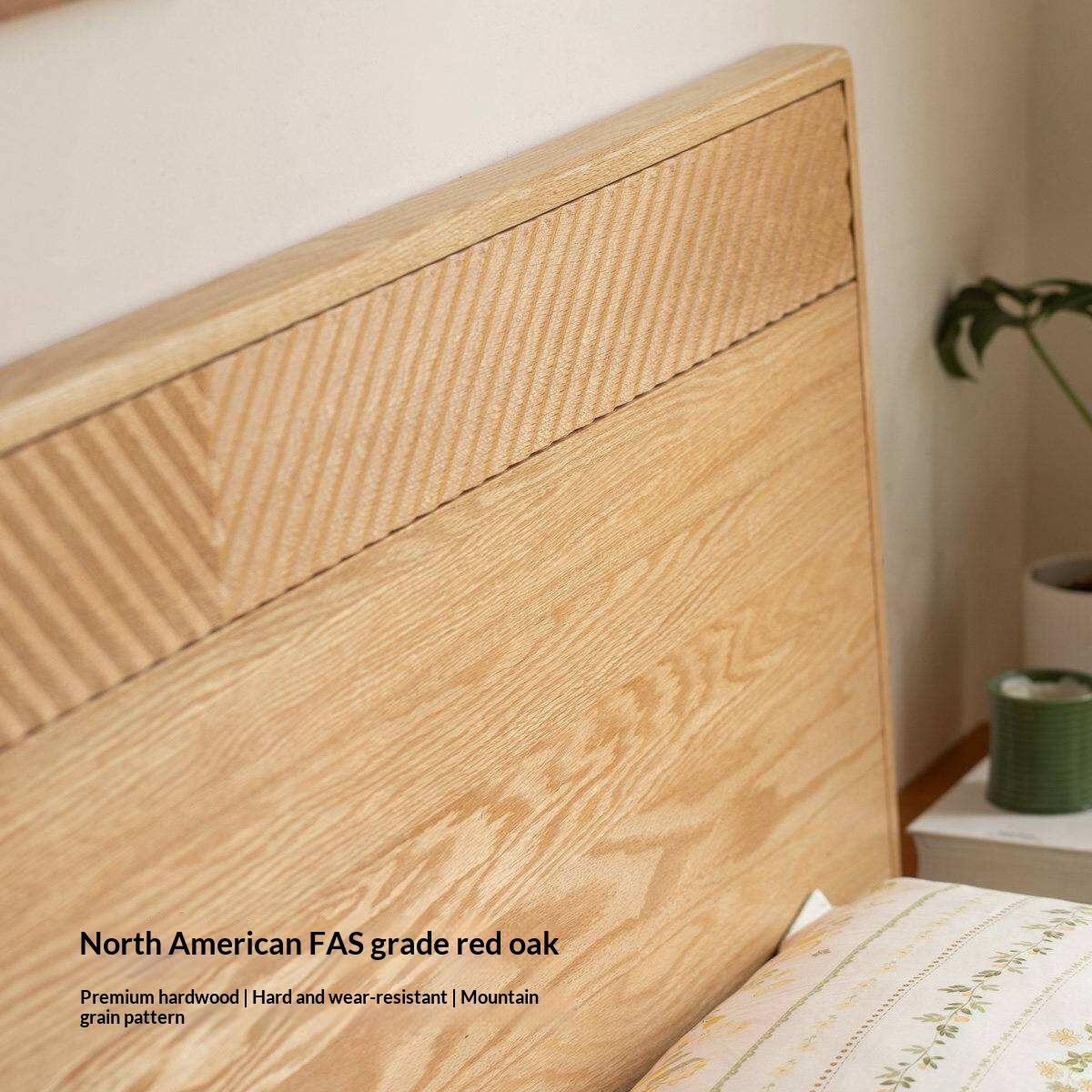 Oak Solid Wood Platform Bed with Grooved Panel Headboard Accent