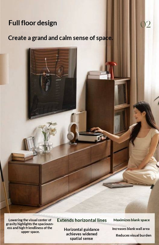 Solid Longan Hardwood Floating Media Console with Push-Open Drawers