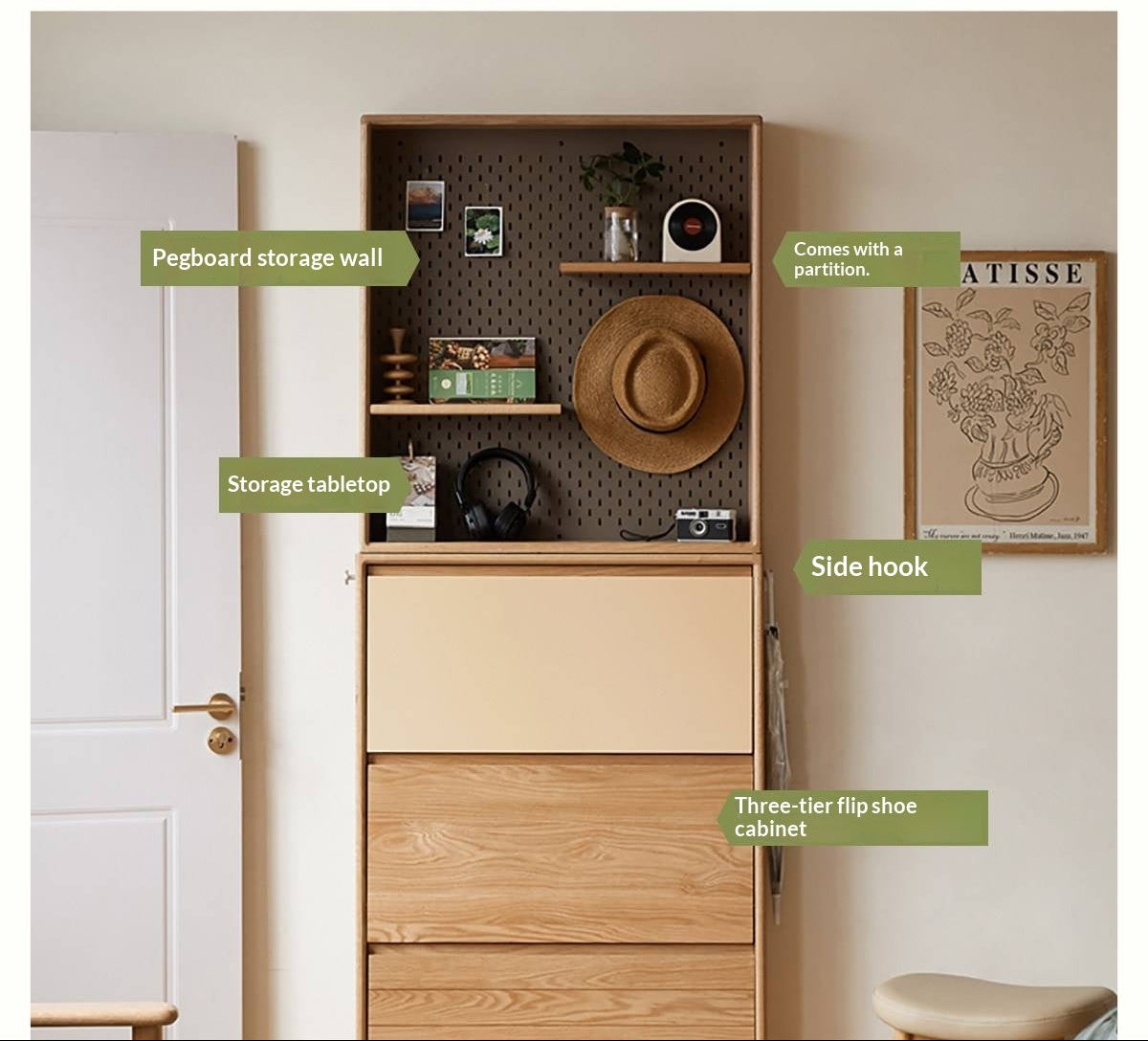 Oak Solid Wood Ultra-Thin Shoe Cabinet with Flip Door and Modern Entrance Design