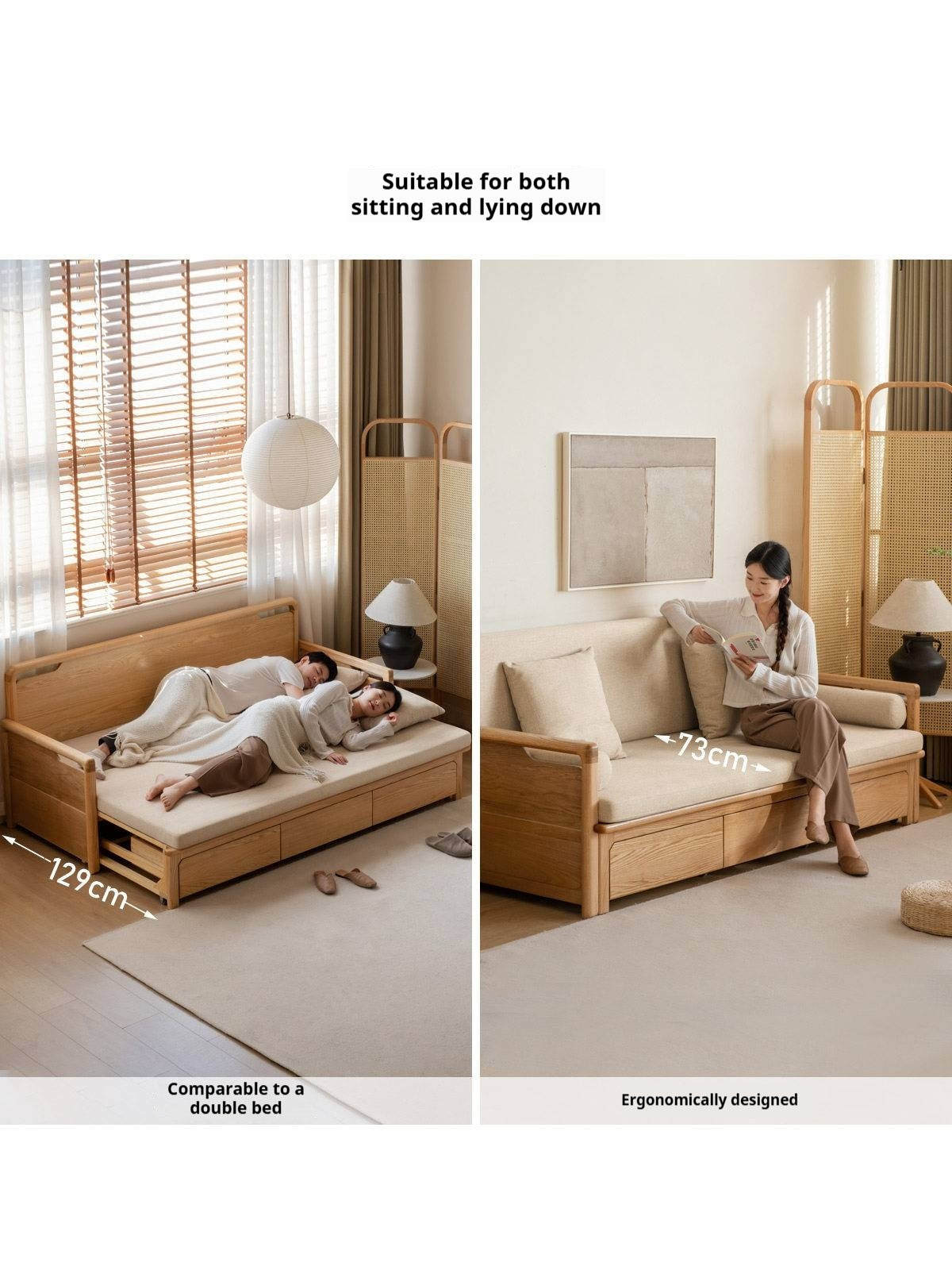 Oak Solid Wood Retractable Multifunctional Box Sofa Bed.