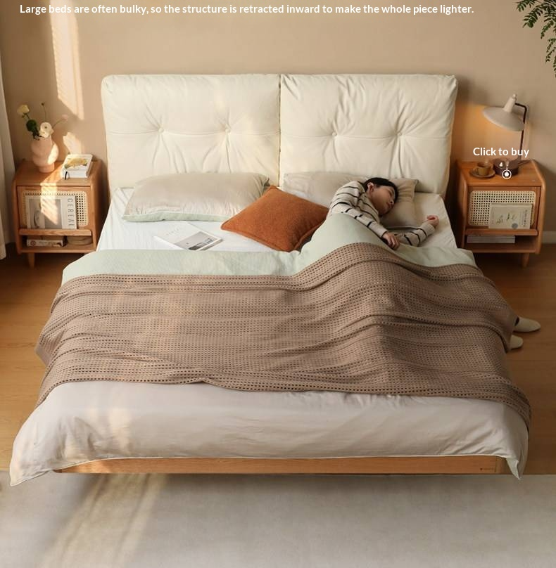 Oak Solid Wood Bed — Modern Minimalist, Genuine Leather Upholstered, Floating Design with Light