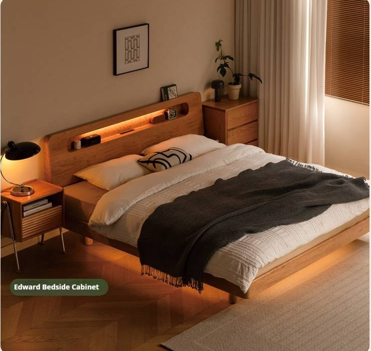 Cherry Solid Wood Retro with Socket Night Light Bed