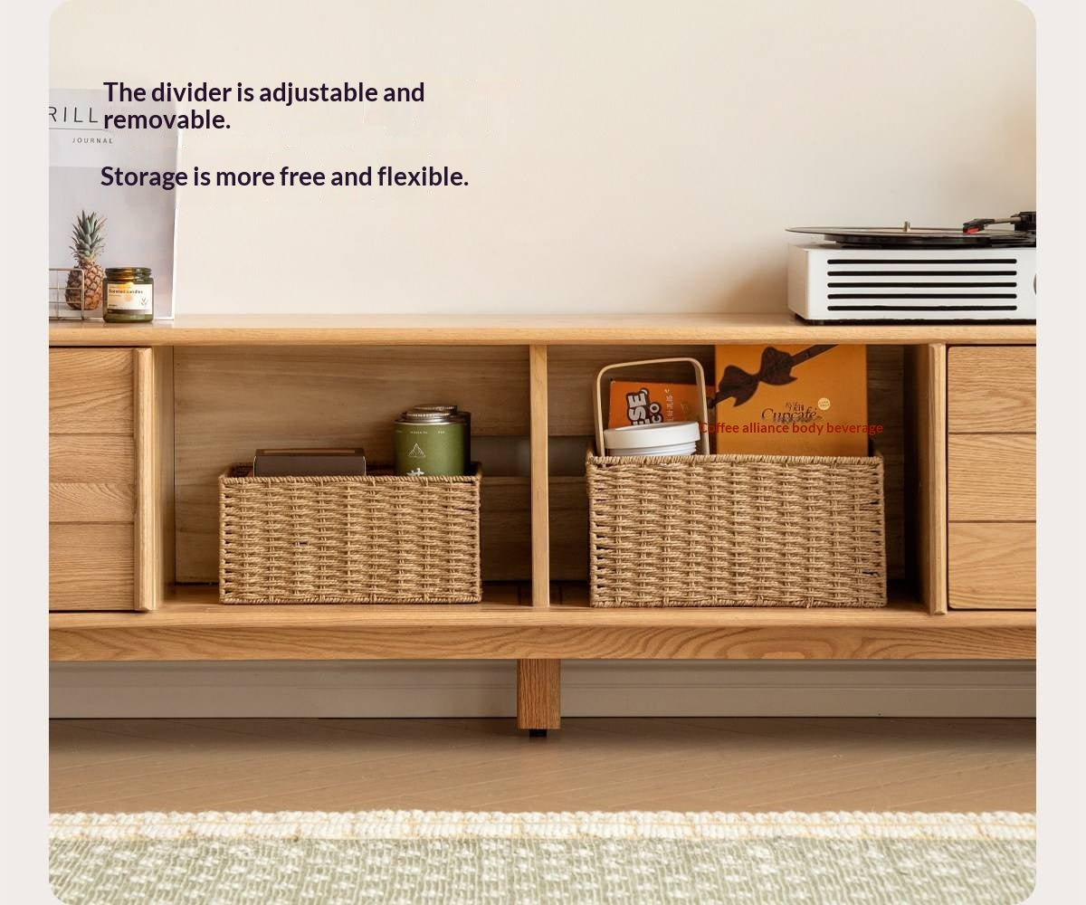 Oak Solid Wood TV Console with Ribbed Sliding Doors and Open Shelving