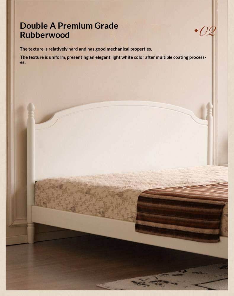 Rubberwood Solid Wood French Style Bed with White Curved Headboard and Elegant Retro Frame