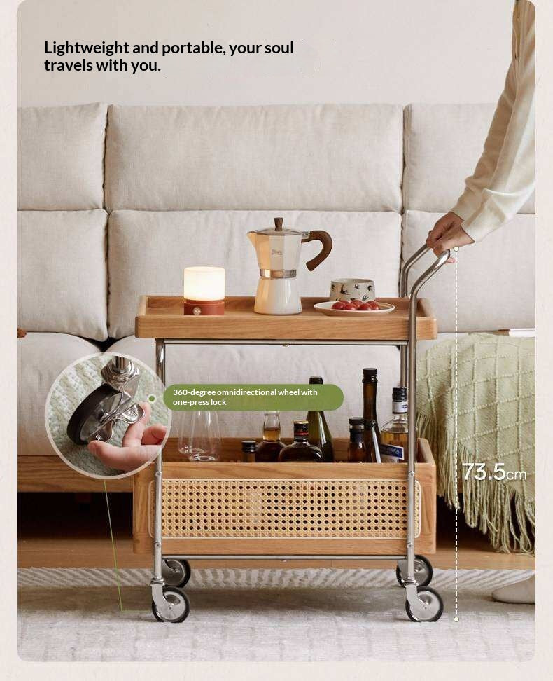 Oak Solid Wood Side Table with Double Layer Storage and Rattan Accents, Mobile