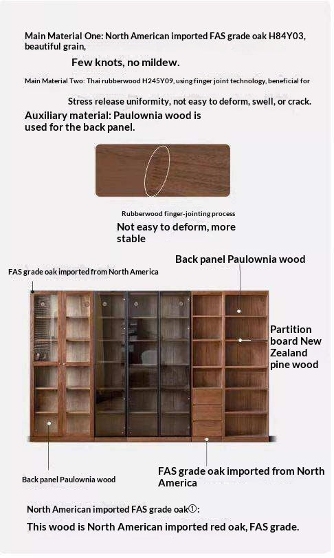 Solid Rubberwood, Oak Solid Wood Bookcase Modern With Glass Door