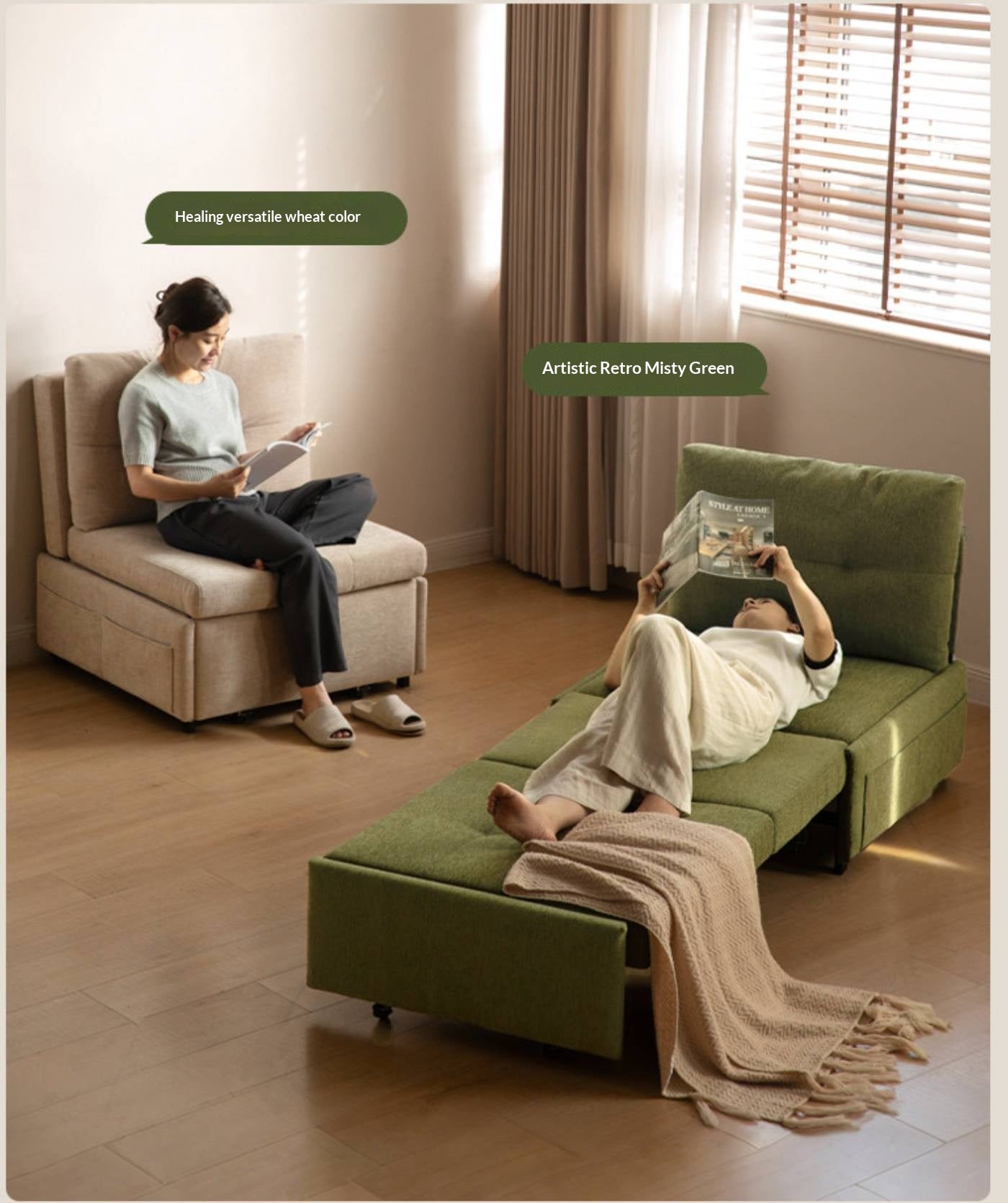 Fabric Convertible Sleeper Chair with Side Storage Pocket