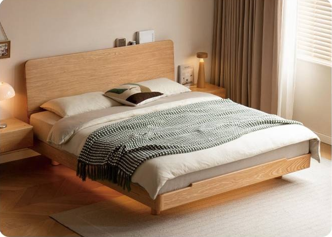 Oak, Ash Solid Wood Luminous Suspended Bed, Nordic Style