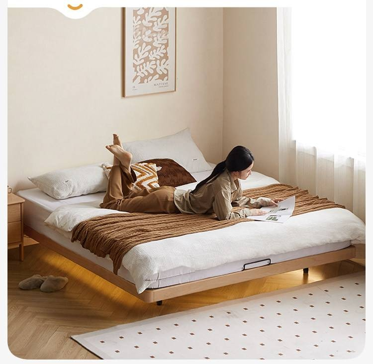 Beech Solid Wood Platform Bed, Headboard-Free Bed, Flush-Edge Floating Bed