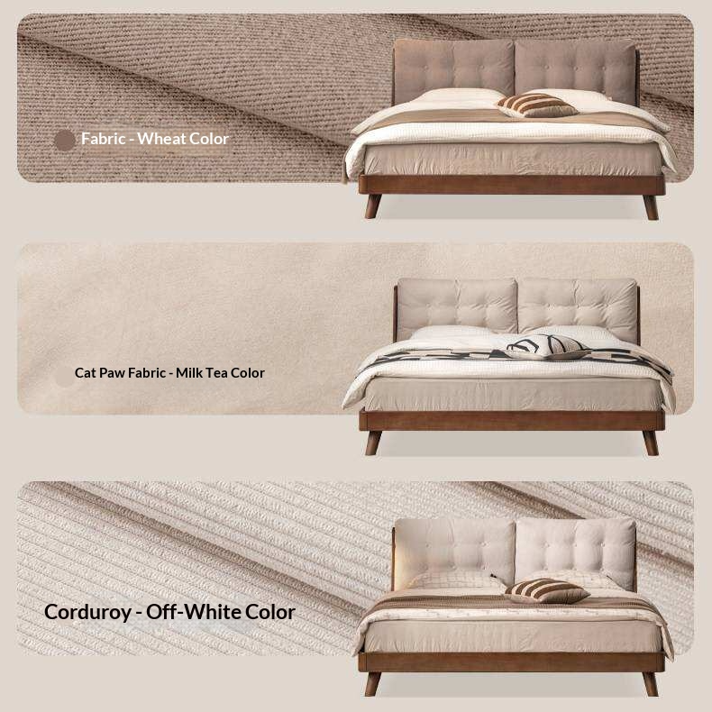 Rubberwood Solid Wood Bed with Oversized Soft Pillow Headboard