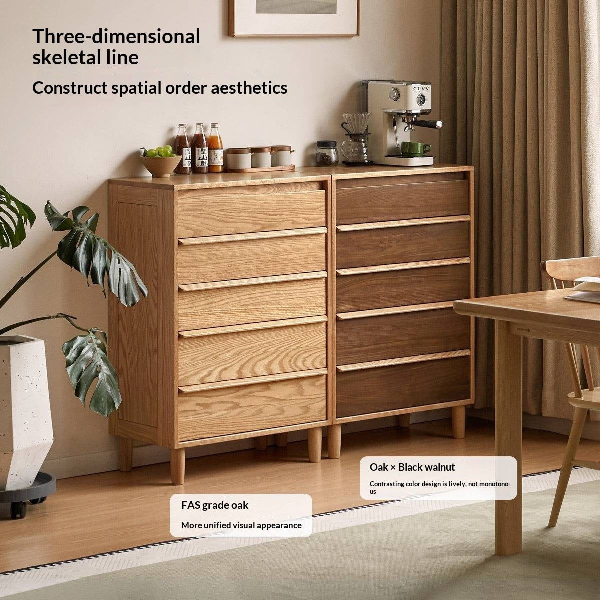 Black Walnut, Oak Solid Wood Glass Display Cabinet with Drawers