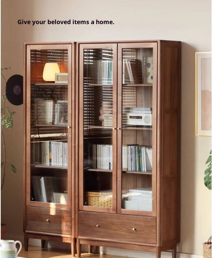 Black Walnut Solid Wood Bookcase With Glass Door