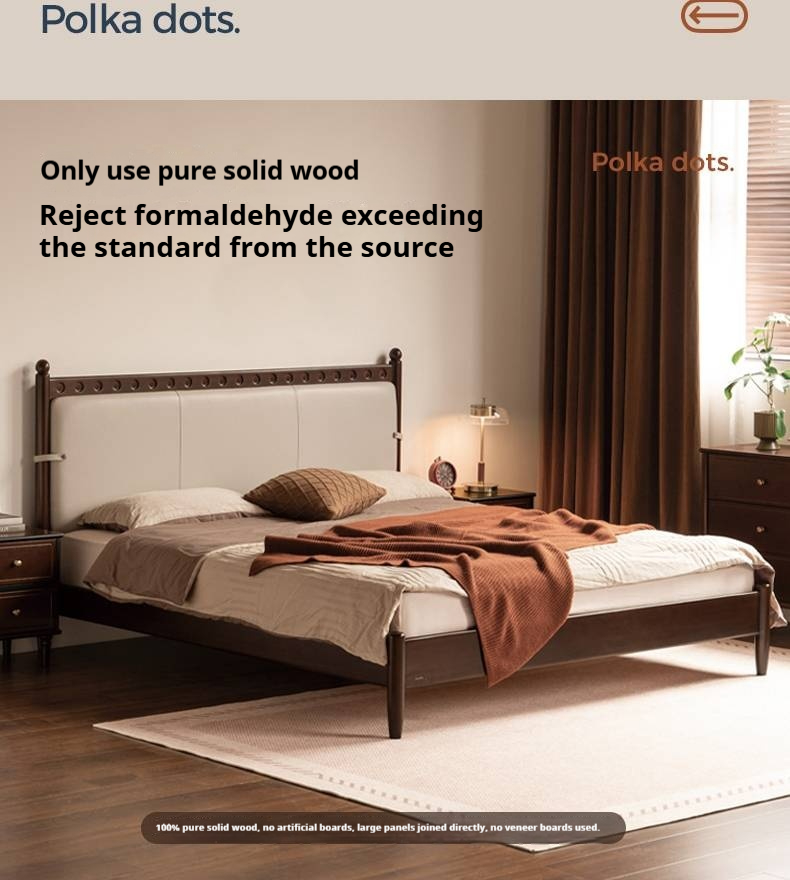 Poplar Solid Wood Genuine Leather Soft Backrest Bed Retro Vintage